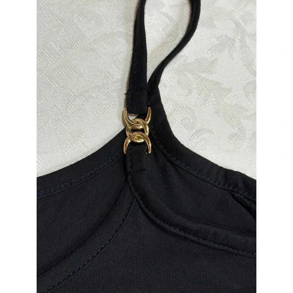 Michael Kors Cold Shoulder Top Womens Small Black Gold Chain Accent Short Sleeve